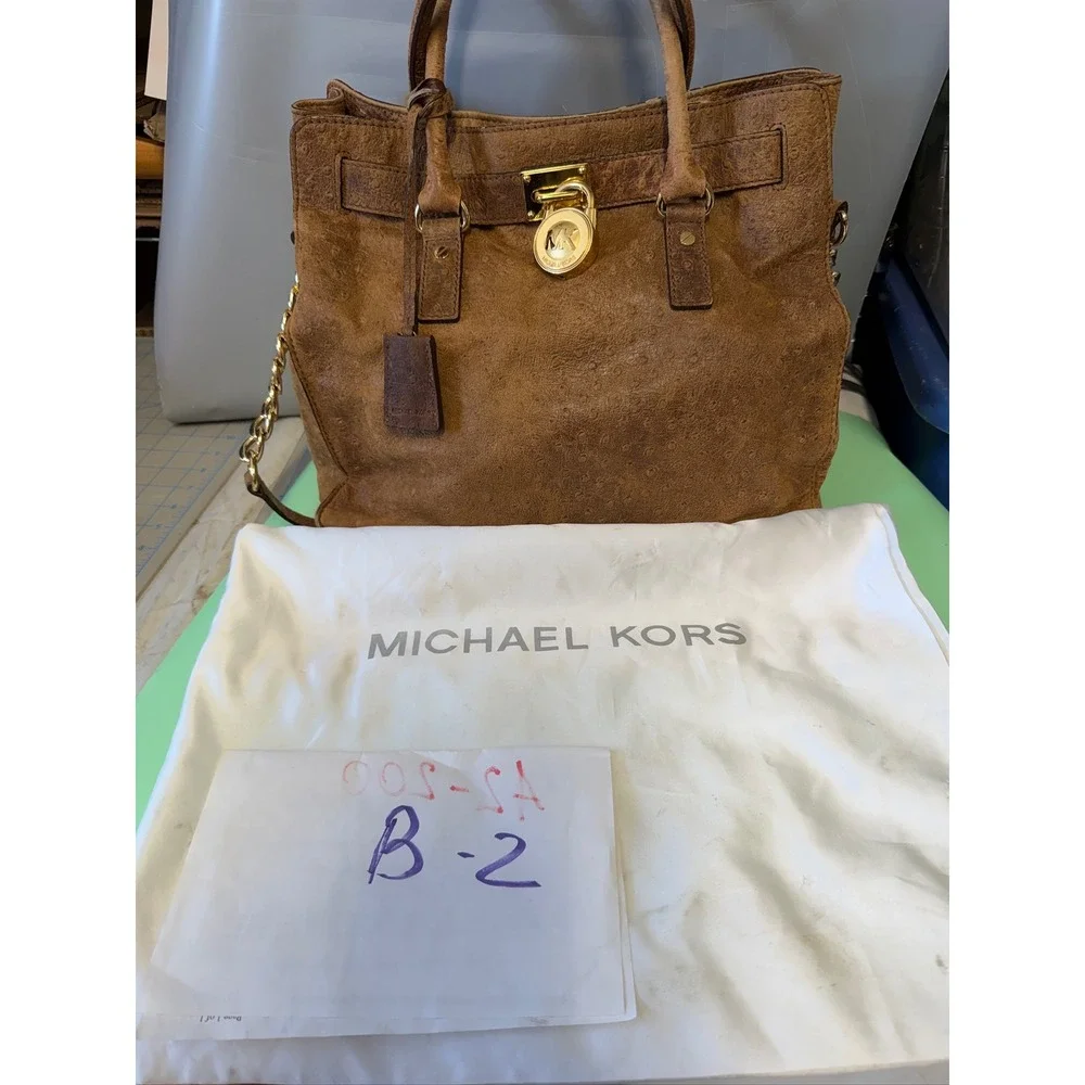 Michael Kors Hamilton Ostrich Embossed Leather Satchel Brown Gold Link Strap